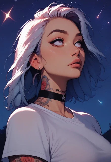 Score_9, Score8_up, Score_7_up, (((High Resolution, Best Quality))), 
1girl, solo, Covered in Tattoos, her hand on her head, brushing hair behind ear, 
Graphic tshirt, tight t shirt, large natrual breasts, cutoff, choker, looking up at sky, 
On a Cliff overlooking a beach, night, night sky, at night, stars, shooting star, 
Cowboy shot, dutch angle, unique, interesting, beautiful,