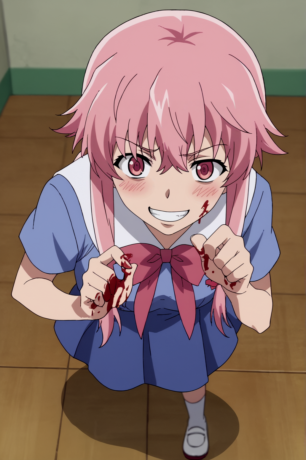 score_9, score_8_up, score_7_up,anime_source, source_anime, best background, detailed background, anime screencap,  Gasai Yuno, student uniform, indoors, blush, dynamic angle, dynamic pose, yandere, scary, grin, naughty face, full body, blood, lick fingers, blood on hand, solo,  <lora:JN_Gasai_Yuno:0.8>