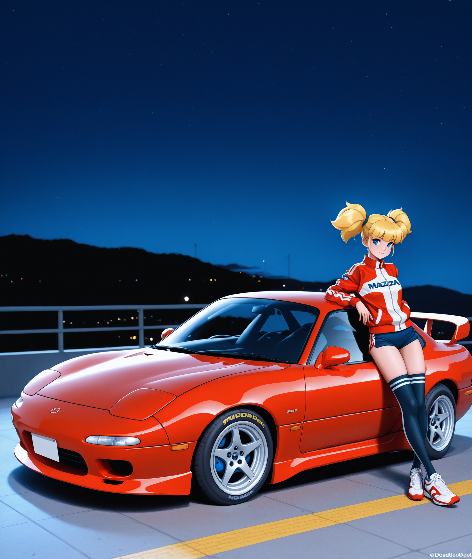 masterpiece,  <lora:Deedee_-_dexters_lab:0.9> deedeeai, blonde_hair, blue eyes, short_twintails, jacket, night, stickered car, cartoon style, itasha, toyota_supra, mazda, mazda_rx-7, sitting on hood, sport_shoes, shorts, thighhighs,