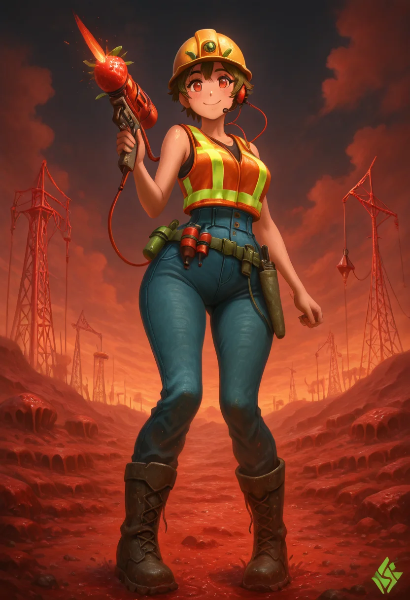 masterpiece, best quality, solo, curvy, beautiful eyes, narrow waist, wide hips, 1girl, solo, smile, looking at viewer, dynamic angle, foreshortening, close up,       strbrry, <lora:StrawberryWorldMorph_IXL_v1:1.0>,[Construction Foreman], yellow hard hat with company logo, reflective vest with high-visibility stripes, rugged denim jeans with tool belt, heavy-duty work boots, radio earpiece, steel-toed boots, construction site with cranes and scaffolding in the background, surveying the ongoing worksite,