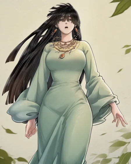 masterpiece,best quality,curvy,venus body,
<lora:gongsunling:1>,gongsunling,1girl,dress,solo,black hair,green dress,jewelry,standing,open mouth,long sleeves,necklace,leaf,portrait,
