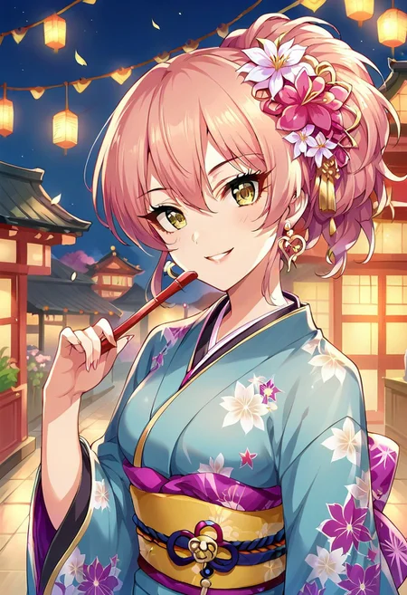 score_9, score_8_up, score_7_up, source_anime,jougasaki mika, yellow eyes, pink hair, 1girl, japanese clothes, hair ornament, kimono, solo, hair flower, flower, earrings, jewelry, smile