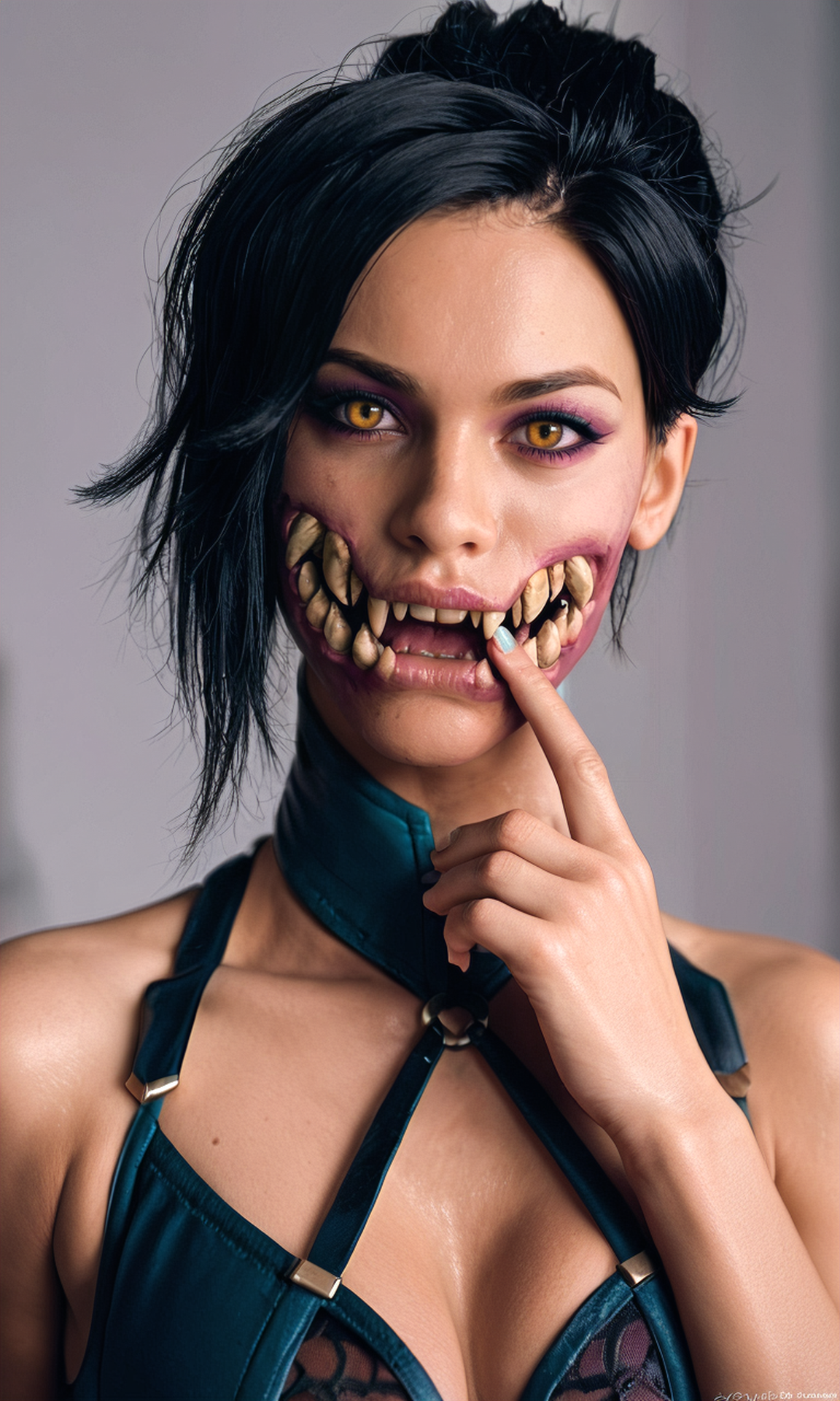 score_9, score_8_up, score_7_up, BREAK, zy_mileena, 1girl, black hair, yellow eyes, teeth, dark room, realistic, photo, real hair, detailed skin, highly detailed, detailed skin, depth of field, film grain, <lora:zy_Mileena_PonyRealism_v1:.7>