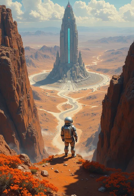 From a dizzying height, directly above the scene, the camera plunges downward, capturing the solitary figure clad in a gleaming, form-fitting spacesuit standing atop a rugged outcropping, gazing down at the expansive, barren landscape that stretches endlessly in every direction. The astronaut's gaze falls upon the enigmatic edifice, its angular lines and shifting colors a mesmerizing spectacle against the horizon. The ground below, parched and fissured, resembles an otherworldly mosaic of jagged rock and dust, occasionally interrupted by clusters of bioluminescent flora emitting a soft, pulsating glow. The atmosphere is thick with an unsettling silence, broken only by the low, haunting hum of the wind as it sweeps across the terrain, whispering secrets of this alien realm.style of John Kenn Mortensen, midjourneyv6.1, Cinematic style, realism, cinematic quality, K_oilpastel Oilhanfu