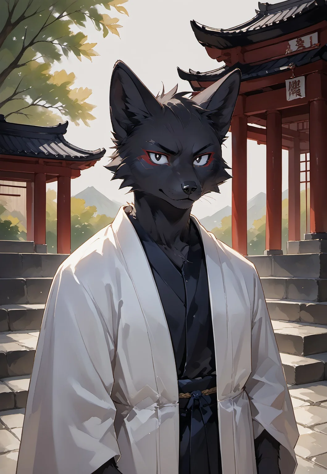 Anthropomorphic black fox (black fur covers the entire body) (short black hair) (completely black eyes, white pupils) (middle-aged). He is dressed in a white kimono. displeased. The structure of the Japanese temple. The Orphen sirius style. JuliaTDC Style~ArtS