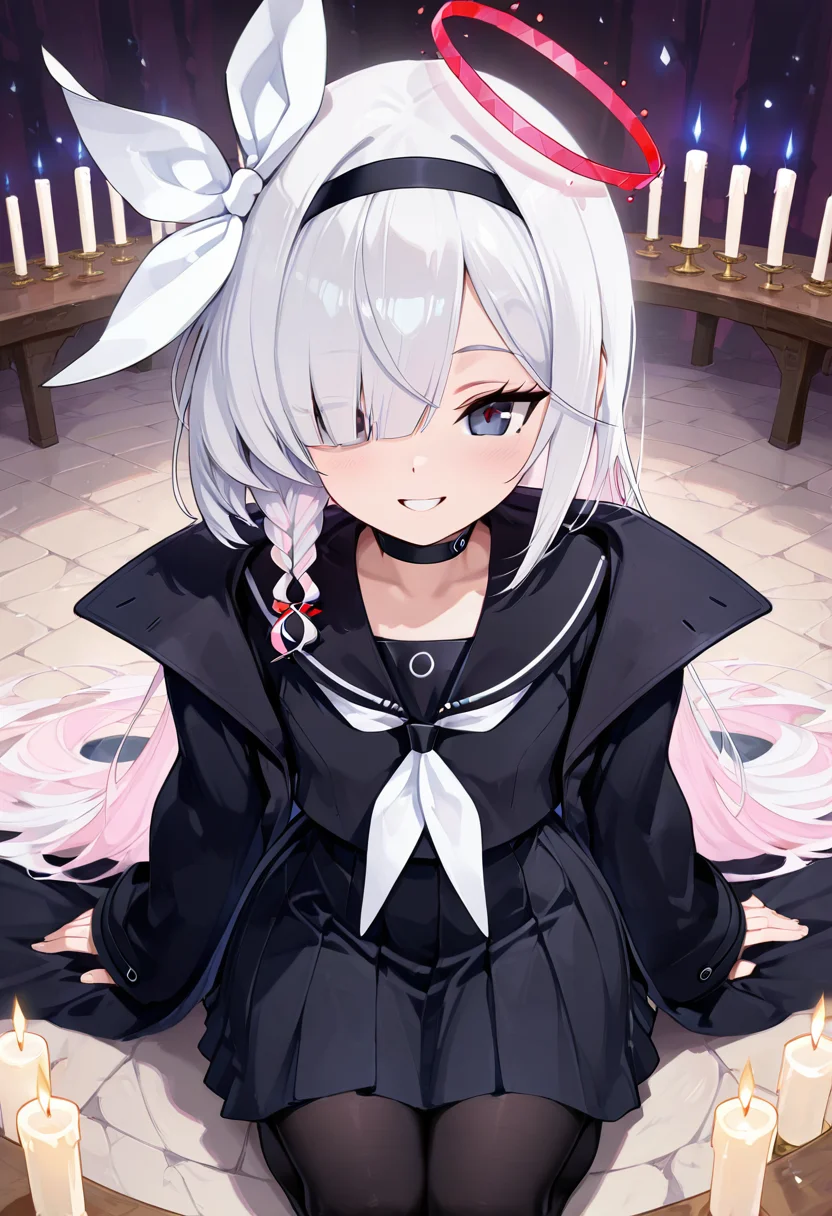 masterpiece, best quality, solo, curvy, beautiful eyes,  narrow waist, wide hips, zzPlana, grey eyes, white hair, bangs, braid, ribbon, halo, hair over one eye, black choker, bow hairband, hairband,  dynamic angle, foreshortening, close up, smile, looking at viewer,   ,       <lora:PlanaBlueArchiveIXL:1.0>, [Occult Ritual Chamber], Ceremonial robes, Kneeling before a dark altar surrounded by glowing candles and arcane symbols in a shadowy ritual setting.