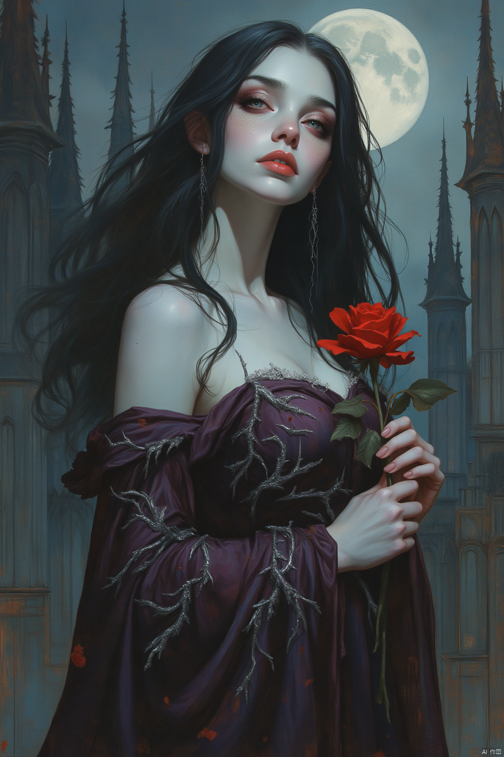 OBxiaoxiang,
A vision of a vampiress, her pale skin shimmering under the pale moonlight. Her crimson lips, a stark contrast to her ivory complexion, curve into a subtle, predatory smile. Long, flowing black hair drapes over her shoulders, framing a face that seems sculpted from moonlight and shadows. She wears a flowing gown of deep, midnight-purple velvet, adorned with silver embroidery resembling intricate vines and thorns. A single, blood-red rose rests within her delicate fingers, its thorns mirroring the danger lurking beneath her captivating beauty. The background evokes a gothic cathedral, its towering spires reaching towards the moonlit sky. The air is thick with the scent of aged perfume and decaying flowers, adding to the ethereal atmosphere.