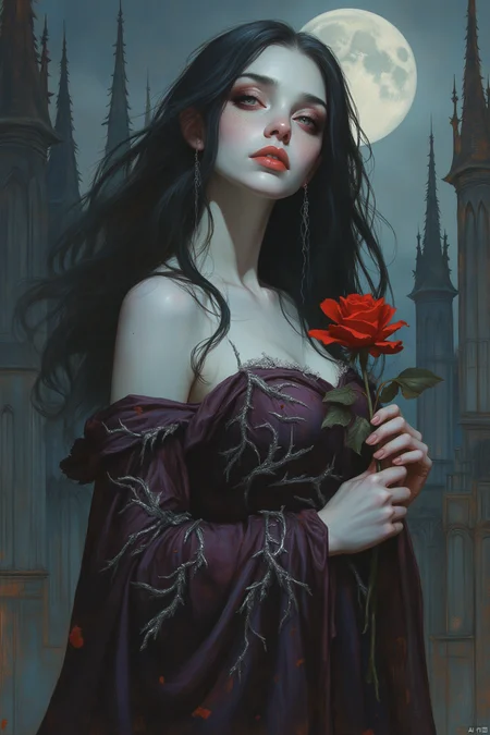 OBxiaoxiang,
A vision of a vampiress, her pale skin shimmering under the pale moonlight. Her crimson lips, a stark contrast to her ivory complexion, curve into a subtle, predatory smile. Long, flowing black hair drapes over her shoulders, framing a face that seems sculpted from moonlight and shadows. She wears a flowing gown of deep, midnight-purple velvet, adorned with silver embroidery resembling intricate vines and thorns. A single, blood-red rose rests within her delicate fingers, its thorns mirroring the danger lurking beneath her captivating beauty. The background evokes a gothic cathedral, its towering spires reaching towards the moonlit sky. The air is thick with the scent of aged perfume and decaying flowers, adding to the ethereal atmosphere.