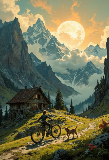 8k high quality digital painting , masterpiece, very detailed, ultra realistic, (best quality) very detailed epic masterpiece, 
unearthly beautiful, a breathtakingly beautiful landscape in the French Alps, in the foreground a small boy pushes a large bicycle on a path to a small mountain hut, a dog follows him, the low yellow-red sun casts long shadows, enchanting landscape, fairytale-like, calm mood, flowers in the foreground, realistic