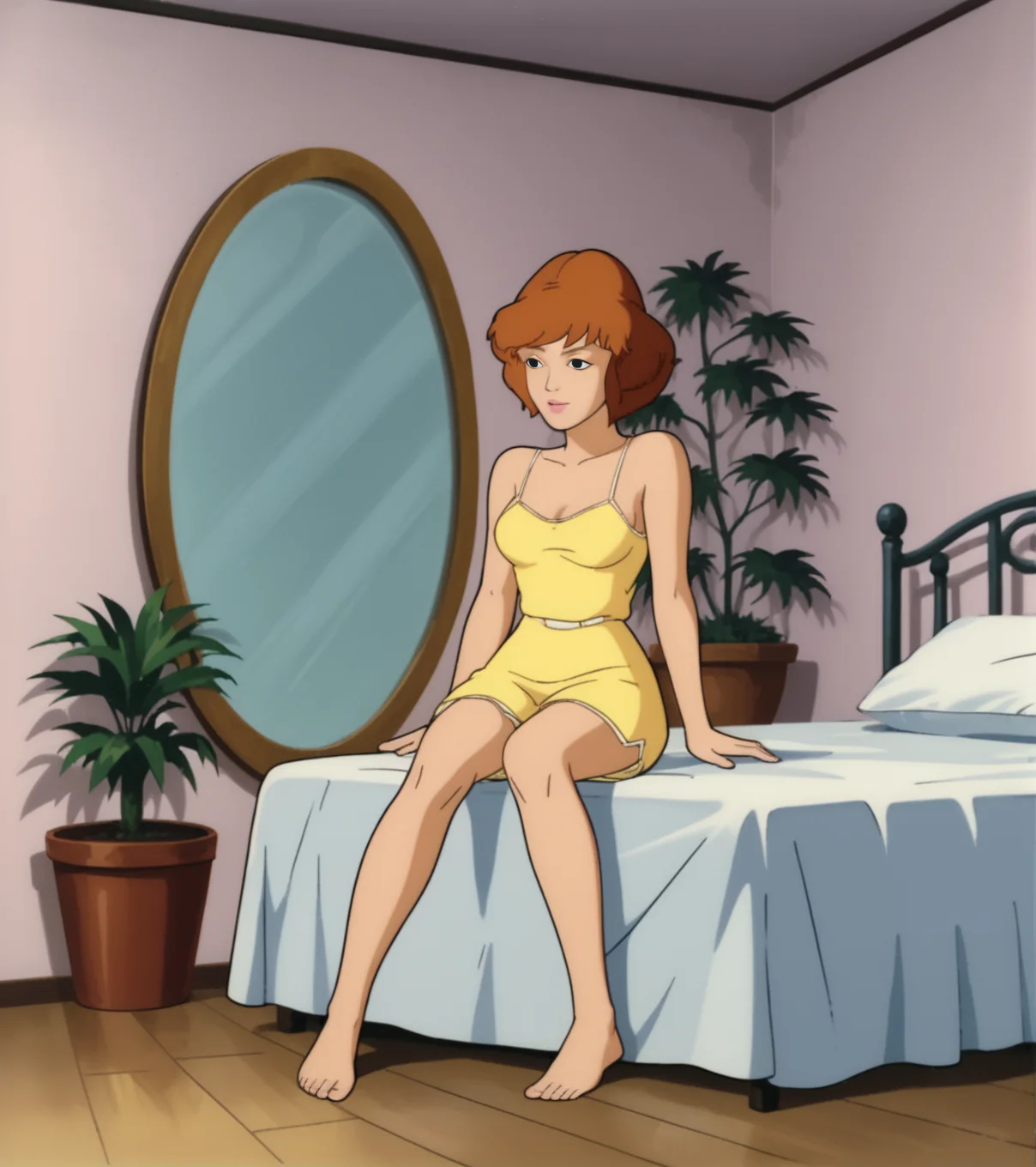 score_9, score_8_up, score_7_up,  
apriloneil, 1girl, solo, yellow camisole, bedroom, inside bedroom, bare shoulders, sitting on bed, medium breasts, mirror, pictures on wall, plants, retro_artstyle, cartoon, lowres, source_cartoon, 1990s_(style), <lora:April_ONeil:1>
