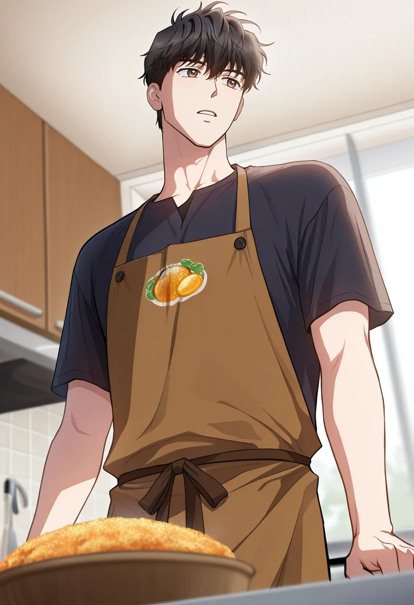 masterpiece, best quality, amazing quality,high resolution, intricate details,official style,depth of field , , , 1boy, solo, male focus, <lora:han_yoohyun:0.82>,han yoohyun,black hair,brown eyes,t-shirt, upper body, short sleeves, parted lips, food, indoors, apron,dark shirt,kitchen, brown apron,from below