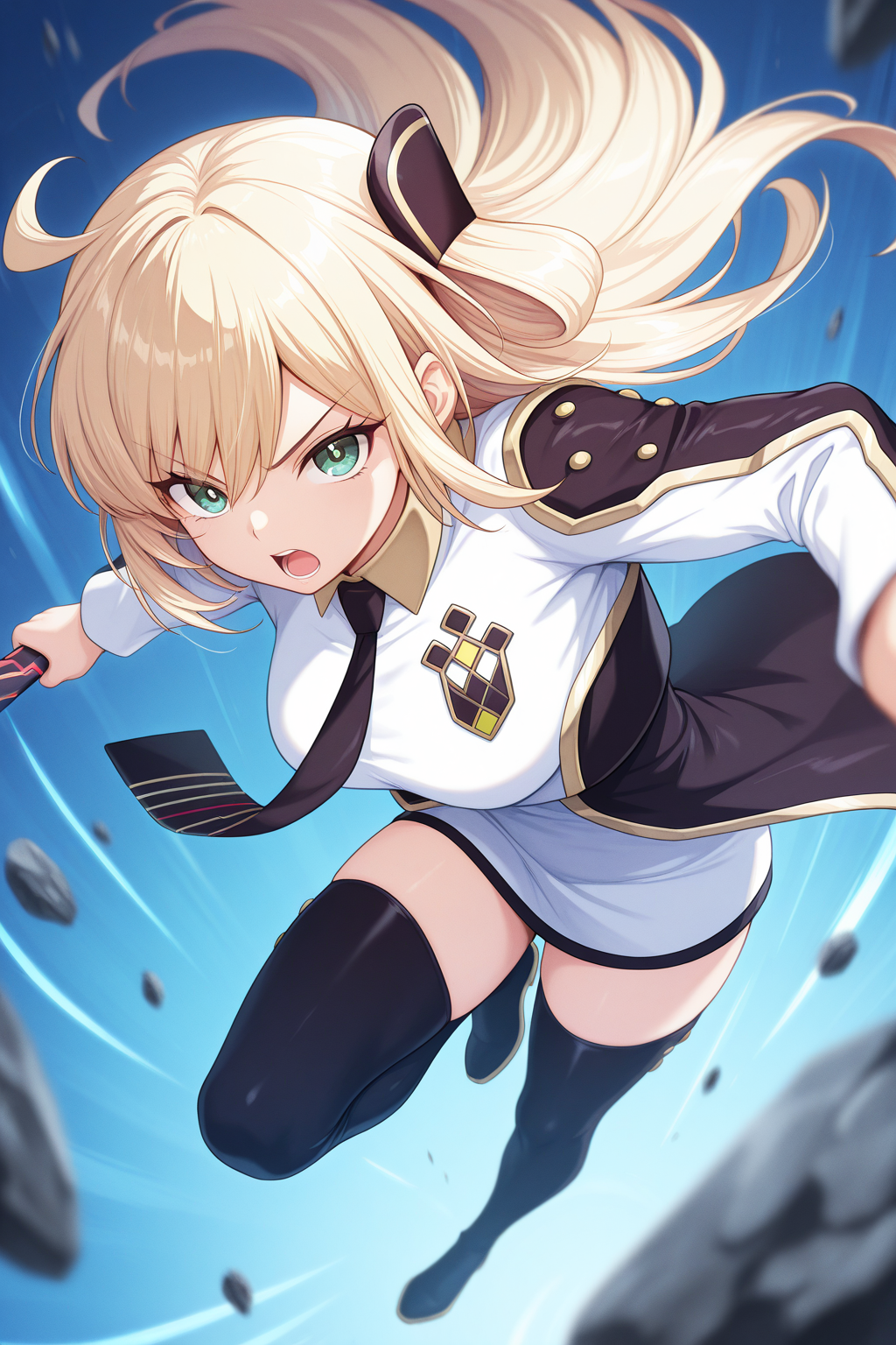 1girl, SkyStrikerAce-RayeYu-Gi-Oh, 
general, solo, perspective, 
long hair, blonde hair, green eyes, eyelashes,
breasts,
hair ornament, black necktie,
collared dress, two-tone dress, short dress,
long sleeves,
black thighhighs, thigh boots, 
serious, open mouth, jumping, 
blue theme, flying rock,depth of field,
<lora:kp_SkyStrikerAce-RayeYu-Gi-OhIllustrious_v1_0:1.0>,
masterpiece, best quality, amazing quality