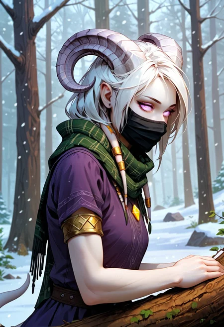 masterpiece, score_9, score_8_up, score_7_up, score_6_up, world of warcraft, fantasy,
(female, draenei, h0rns, ram horns, white horns, tall, athletic arms, pale white skin, long white hair, purple eyes, long white tail, joyous face, four fingers per hand, long fingers),
upper body, side view, sitting on log, resting on log, looking to viewer, close,
(long loose purple dress, tail under dress, dark green silk scarf, simple armlet, small yellow gem pendant, black facemask),
depth of field, outdoor, snowy forest, snow, bare trees, fur tent,
<lora:add-detail-xl:1.5>