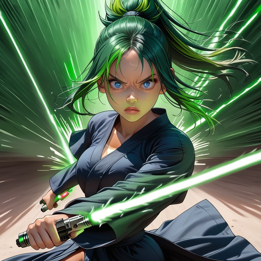 multicolored hair, Green hair with dark green streaks, high ponytail with face-framing tendrils, shoulder length hair, silk like hair, bright blue eyes, pale clean skin, medium breasts, oval face, tanned, tan lines, perfect eyes, cute nose, small, slim, detailed background, jedi robe, green lightsaber, swinging lightsaber, blooking laser shot, reflecting laser shot, action pose,