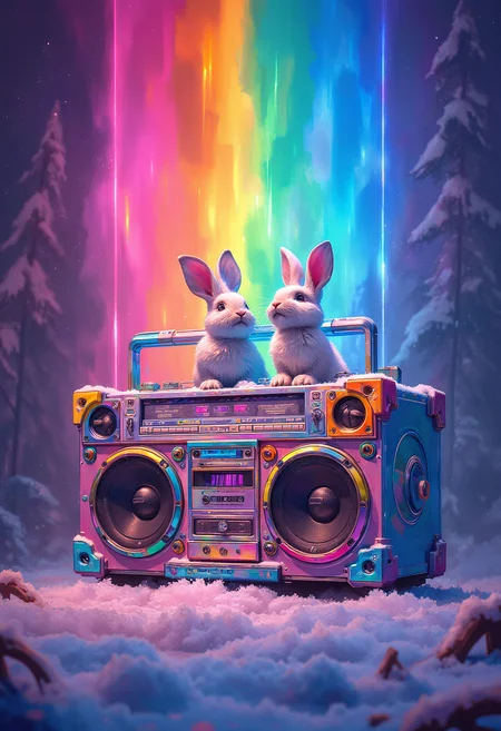 A colorful boombox style Cabin facing the viewer, rainbow aurora in the shape of a audio visualizer in the background, cute dancing bunnies, snow covered landscape, Vibrant Glow