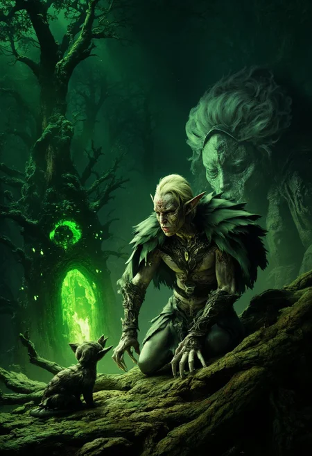 Beneath the gnarled canopy of a blighted forest, a pallid druid in fungus-laden leathers kneels beside rotting tree roots, cooing to corrupted woodland sprites that swirl with malevolent green glows.
   , aidmabaldursgate3, aidmafluxpro1.1,