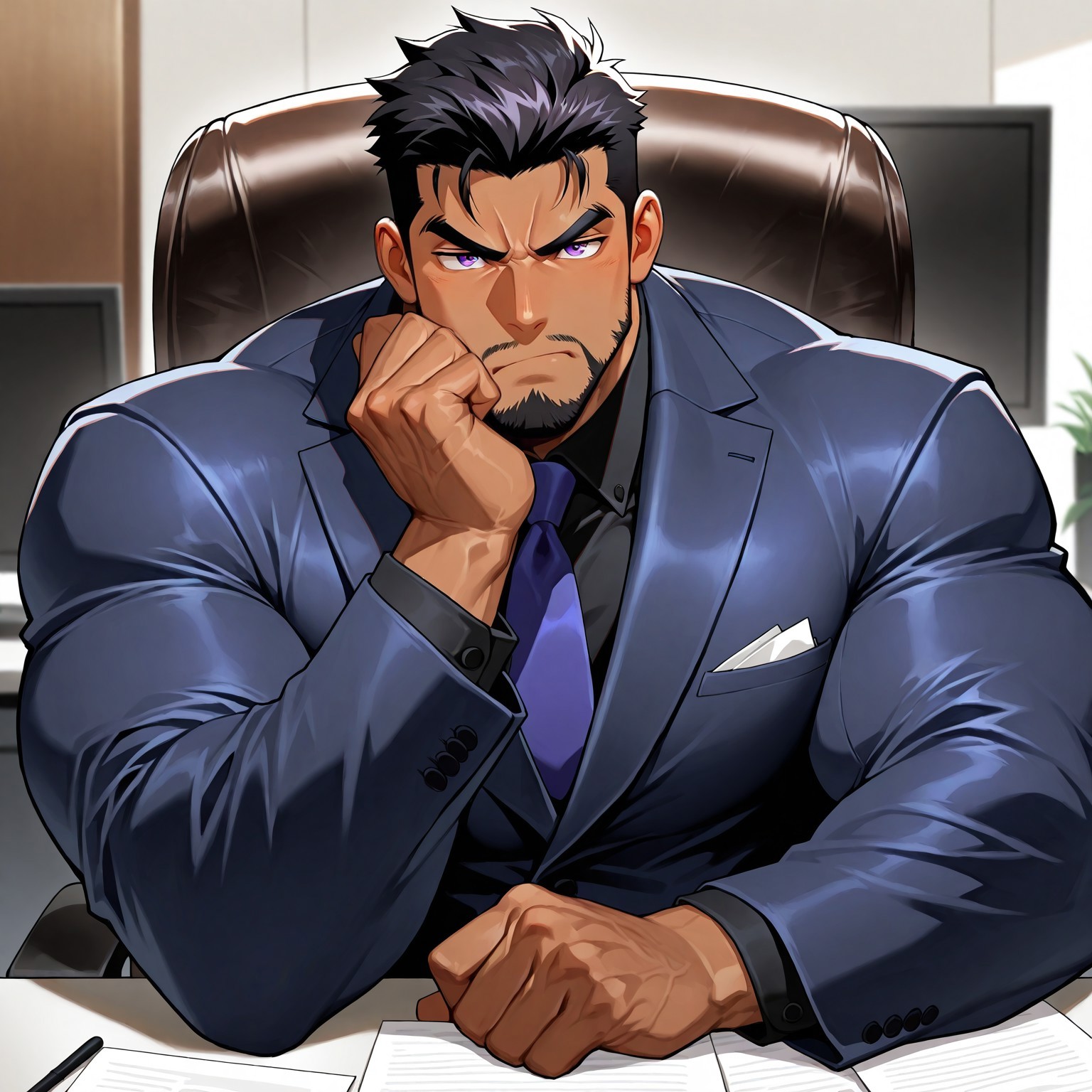 Intricate Details, Masterpiece, Best Quality, 1man, mature, bara, solo, male focus, correct anatomy, perfect hands, stylized seinen anime style, lots of details, shaded, detailed shading, detailed skin, counter shading, handsome, black hair, (black facial hair, full), hyper-muscular, hyper pecs, brown skin, purple eyes, business suit, angry, sitting, sitting in chair, thinking pose, office background