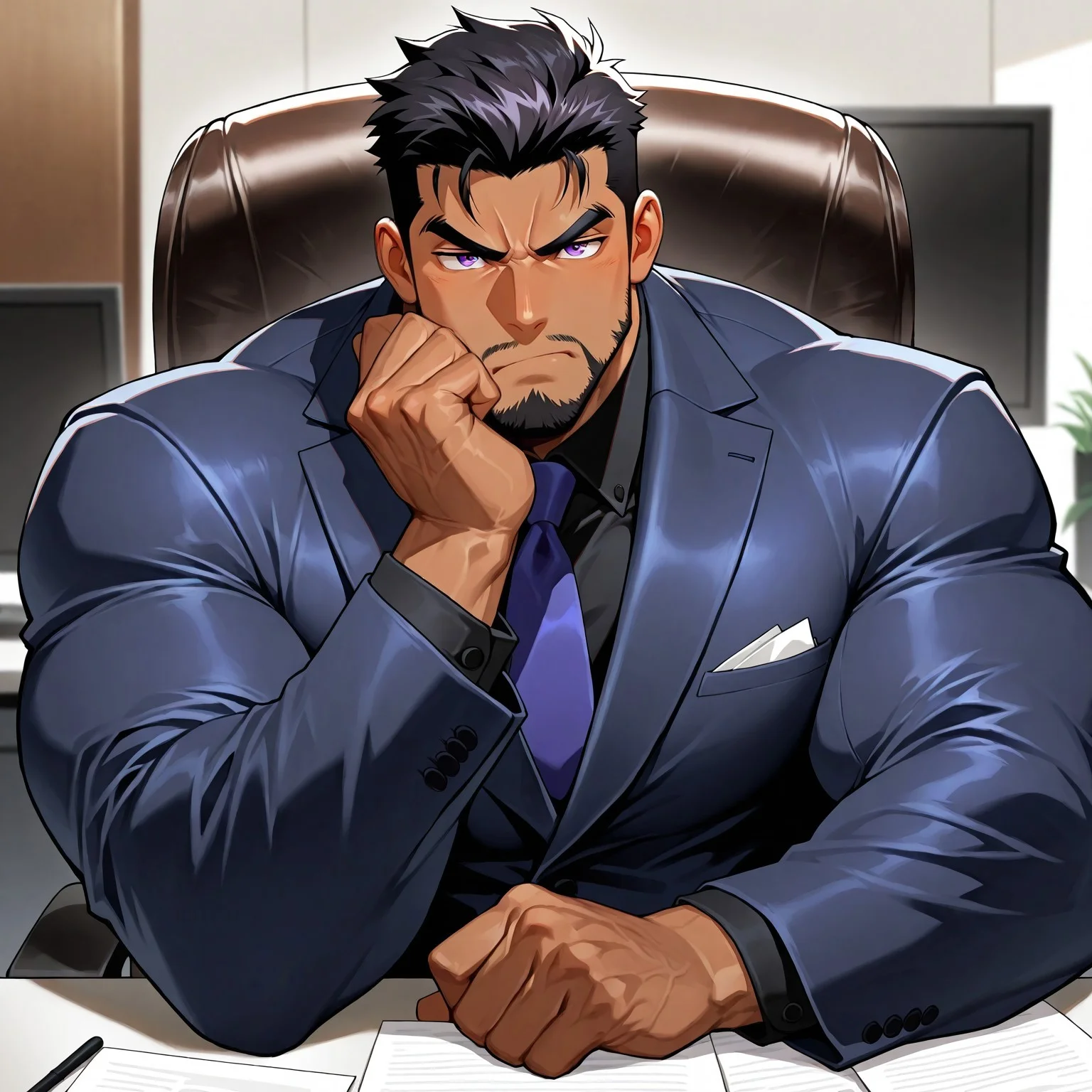 Intricate Details, Masterpiece, Best Quality, 1man, mature, bara, solo, male focus, correct anatomy, perfect hands, stylized seinen anime style, lots of details, shaded, detailed shading, detailed skin, counter shading, handsome, black hair, (black facial hair, full), hyper-muscular, hyper pecs, brown skin, purple eyes, business suit, angry, sitting, sitting in chair, thinking pose, office background