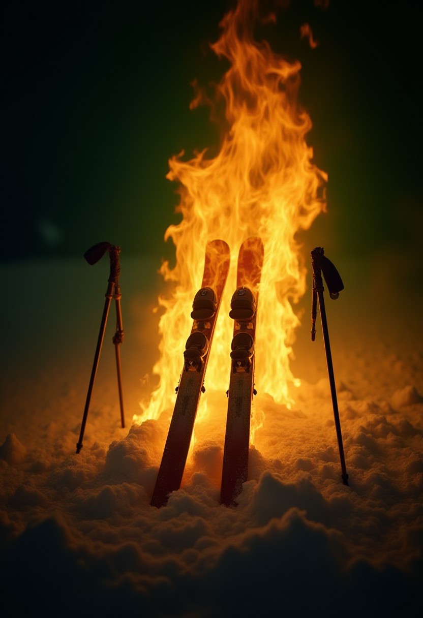 An pair of skis and ski poles completely engulfed in flames, inferno, blazing, concept art, masterpiece, perfect lighting, green flames, 4k, absurdres,