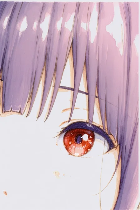 masterpiece, best quality, amazing quality,
 <lora:Bbmasa_IL:1> bbmasa, 1girl, solo, red eyes, bangs, traditional media, purple hair, looking at viewer, eye focus, close-up, mizore, sketch, pencil drawing, watercolor (medium), painting (medium)