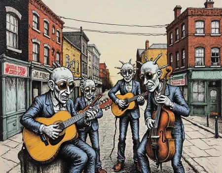 illustration, sidewalk where a group of eccentric musicians play old instruments their bodies are twisted and contorted their oversized hands strumming or beating with wild abandon the buildings around them loom over the scene each window and brick drawn with rough heavy lines as the street buzzes with energyr0b3rt_crum8