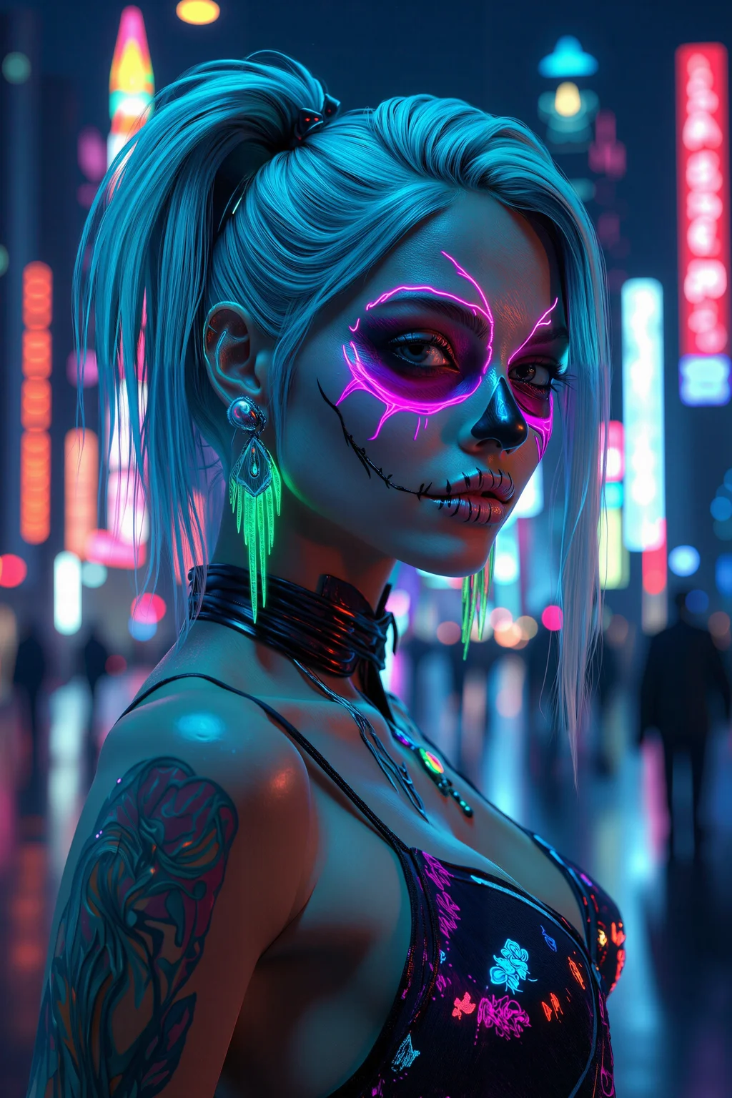 Woneon_facepaintflx, A captivating woman with silver hair and neon-geometric sugar skull face paint, with bold neon lines intersecting her face, standing in a futuristic neon metropolis, holographic neon dress and accessories that glow in sync with the city lights, photo-realistic, highly detailed, hyperrealistic, with futuristic lighting