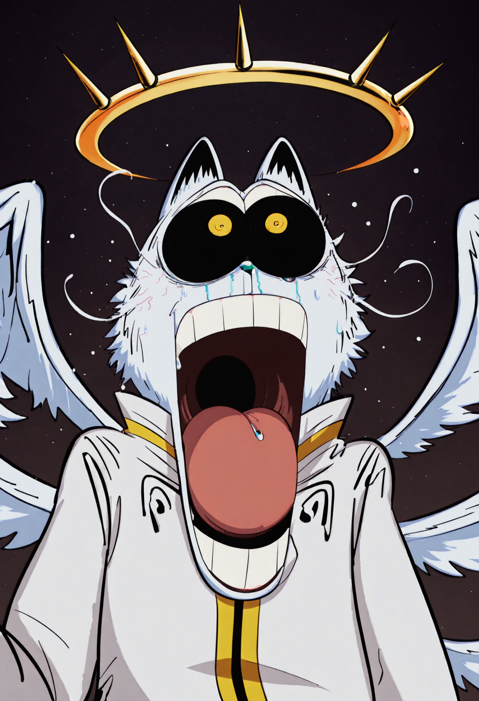 <lora:Godfield_illustrious-000015:1.0>, <lora:One_piece_funny_face_illustriousXL:1>, score_9, score_8_up, score_7_up, masterpiece, best quality, 1boy, solo, anthro, furry, no humans, godfield, cat ears, solo, black sclera, yellow eyes, white fur, robe, yellow accents, halo, wings, one_piece_funny_face, eye pop, snot, teeth, eyes vein lines, open mouth,