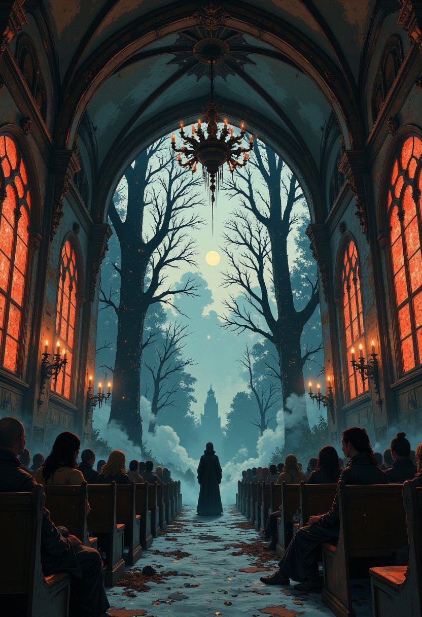 A decrepit chapel stands alone in a snow-covered forest, its windows glowing faintly with crimson light. Inside, an audience of human-sized marionettes sits motionless in pews, their wooden faces twisted into expressions of anguish. Above them, a massive skeletal chandelier creaks as it spins, its chains attached to a single robed figure in the center of the room. The figure’s hands twitch, controlling the strings of the marionettes, forcing them to perform grotesque rituals. As the viewer steps inside, the marionettes slowly turn their heads toward them, their eyes clicking open, filled with malevolent life.
aidmaMJ6.1, aidmafluxpro1.1