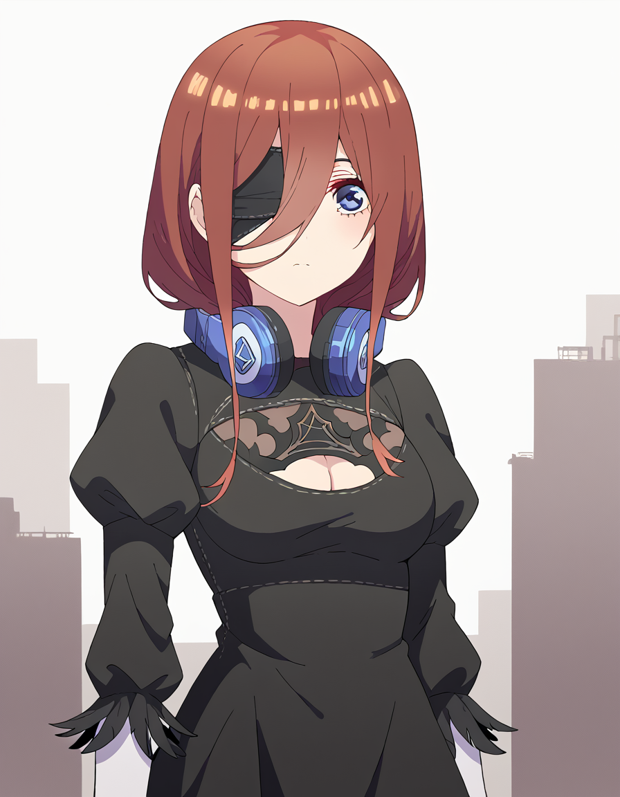 score_9, score_8_up, score_7_up, source_anime, mikunakano, <lora:miku-nakano-s2-ponyxl-lora-nochekaiser:1>, miku nakano, long hair, bangs, blue eyes, brown hair, hair between eyes, headphones, headphones around neck,, <lora:2b-cosplay-ponyxl-lora-nochekaiser:1>, 2bcosplay, 2b \(nier\:automata\) \(cosplay\), gloves, long sleeves, dress, puffy sleeves, black dress, clothing cutout, cleavage cutout, juliet sleeves, feather-trimmed sleeves, blindfold, black blindfold, covered eyes,, wasteland,, cowboy shot, dutch angle,