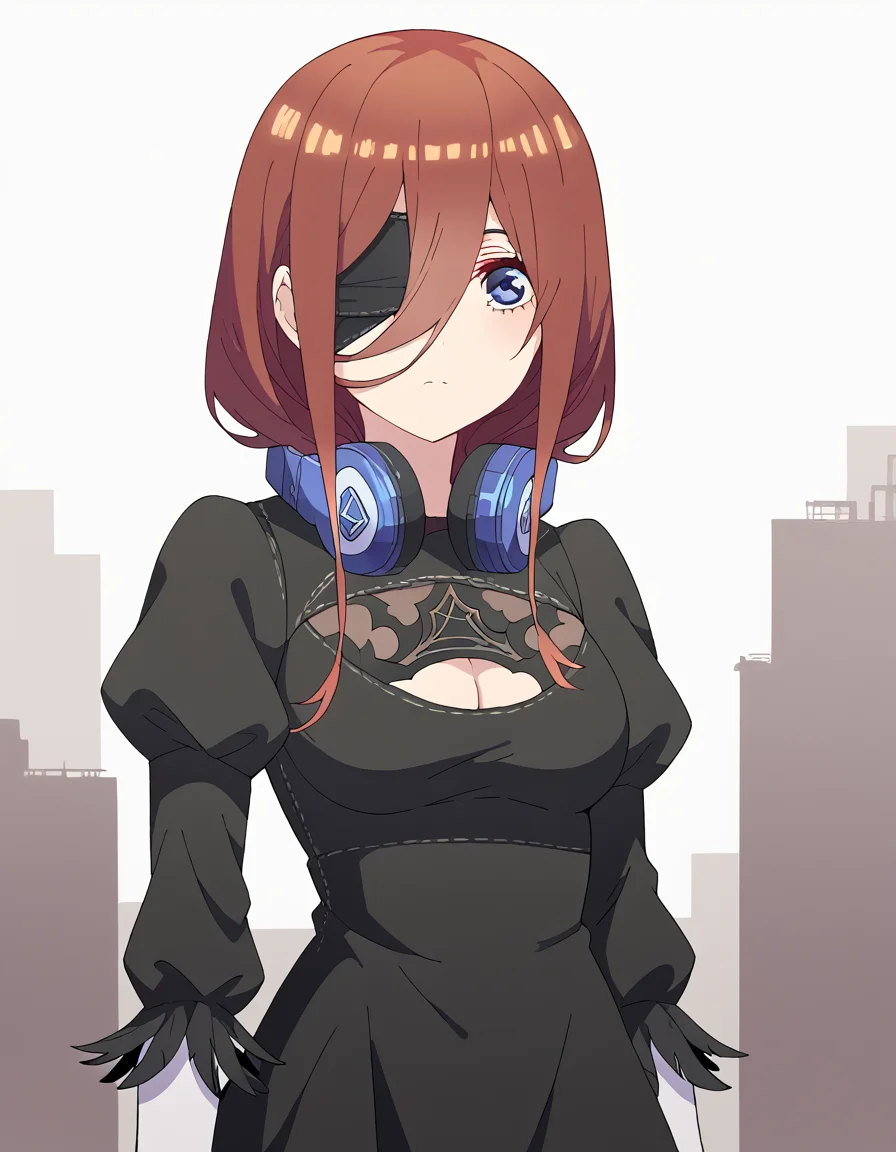 score_9, score_8_up, score_7_up, source_anime, mikunakano, <lora:miku-nakano-s2-ponyxl-lora-nochekaiser:1>, miku nakano, long hair, bangs, blue eyes, brown hair, hair between eyes, headphones, headphones around neck,, <lora:2b-cosplay-ponyxl-lora-nochekaiser:1>, 2bcosplay, 2b \(nier\:automata\) \(cosplay\), gloves, long sleeves, dress, puffy sleeves, black dress, clothing cutout, cleavage cutout, juliet sleeves, feather-trimmed sleeves, blindfold, black blindfold, covered eyes,, wasteland,, cowboy shot, dutch angle,