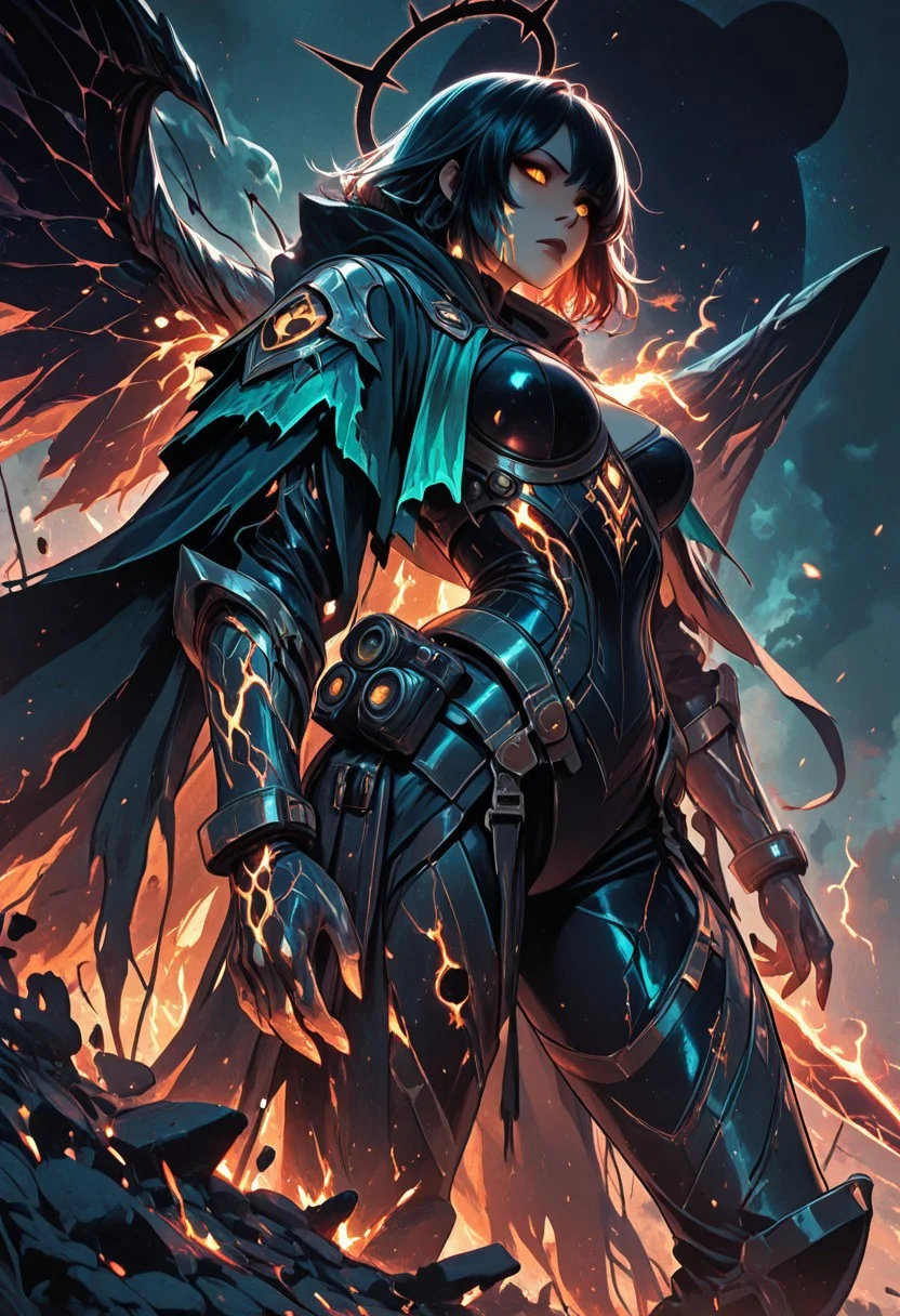 (masterpiece), (best quality), (8k), 1girl, full armor made of glowing black and orange star-metal, ember cracks, cosmic sword glowing with starlight in one hand, lantern of a dying universe in the other, burning aura, ashes floating in air, intense golden eyes, glowing molten veins, full burning wings shaped like black eclipse shards, celestial background with shattered planets, solar flare glow, camera angle from below, serious expression, mythic lighting, divine cosmic warrior, flaming cape blowing in the wind, ethereal glow on face, fire sparks in foreground, black halo orbiting behind her head, ashes turning into stars around her,