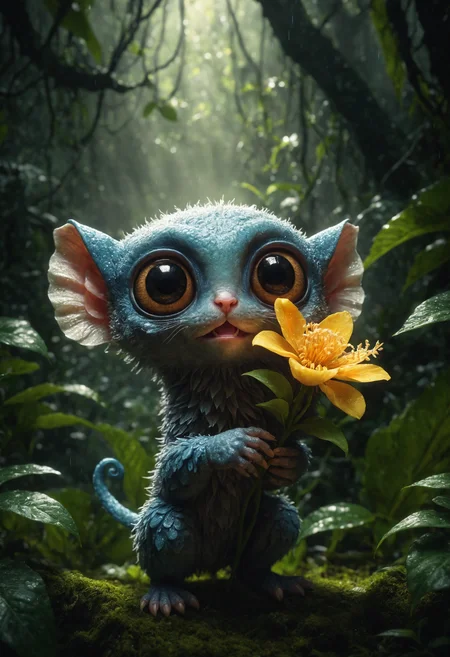 Photorealistic cute creature holding a flower in a vast jungle. (big eyes) sharp teeth, God's rays. Rain. professional photography, natural lighting, volumetric lighting maximalist photoillustration 8k resolution concept art intricately detailed, complex, elegant, expansive, fantastical