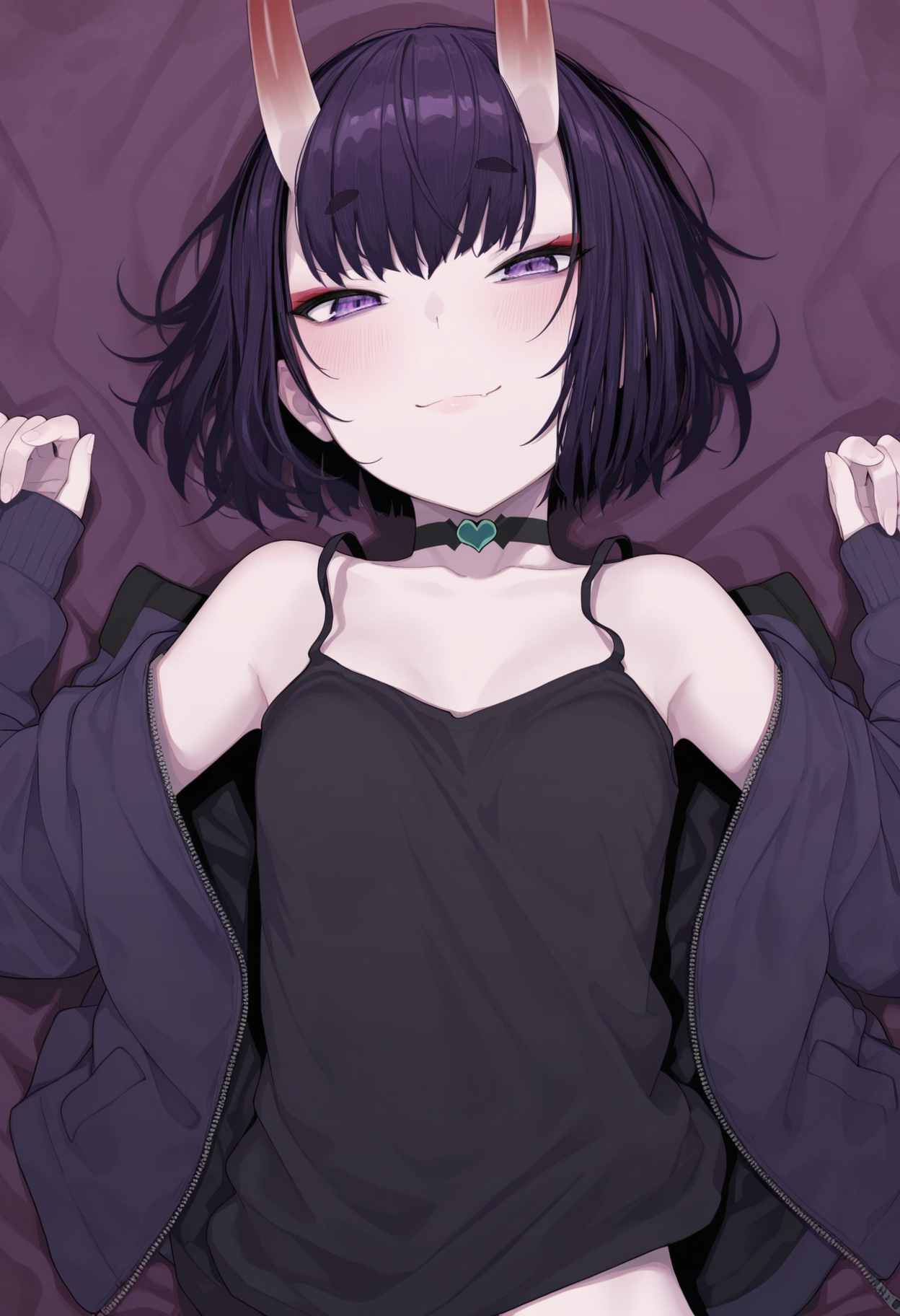 masterpiece,best quality,amazing quality,
1girl, skin-covered horns, oni horns, shuten douji (fate), purple eyes, solo, horns, purple hair, smile, oni, short hair, breasts, looking at viewer, bangs, lying, small breasts, choker, on back, eyeliner, bare shoulders, bob cut, makeup, off shoulder, open clothes, collarbone, closed mouth, jewelry, jacket, tank top, blush, black jacket, long sleeves,
<lora:Kindatsu_epoch_10:1>