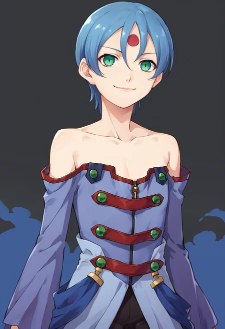 score_9,score_8_up,score_7_up,anime coloring,source_anime,<lora:Rease_Zoids:0.8>,ryss,1girl,solo,blue hair,short hair,green eyes,forehead mark,bare shoulders,flat chest,blue dress,collarbone,pants,black pants,boots,evil smile,multicolored background,looking at viewer,portrait,upper body,