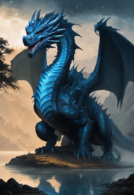 a blue dragon, dungeons and dragons, huge dragon, blue, magic speel, dark ambience, lake, dark cave