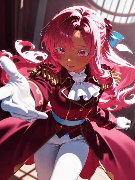 yoshino ns, lazypos, <lora:Raspberry:1>, raspberry cookie, tan skin, pink hair, long hair, blue hair ribbon, white eyelashes, pink eyes, cravat, red coat, epaulettes, blue waistband, white gloves, white pants, <lora:cfg_scale_boost:0.5> <lora:r-hrtdrp:0.2> detailing, dynamic angle, foreshortening, outstretched hand, white eyelashes,