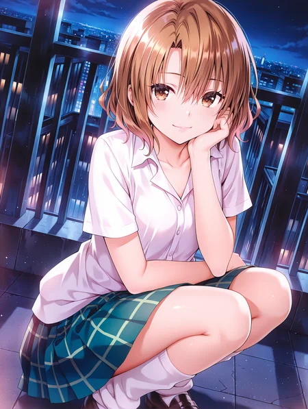 masterpiece,best quality,newest,
1girl,solo,
<lora:m_risa_ilxl_v1.1:1>,momioka,brown hair,brown eyes,m_clothes,short sleeve blouse,green plaid skirt,loose_socks,loafers,untucked_shirt,
<lora:Fixhands_anime_bdsqlsz_V1:1>,looking_at_viewer,city,street,night,dynamic_angle,cinematic_angle,cowboy_shot,squatting,cheek rest,front view,from_above,seductive_smile,