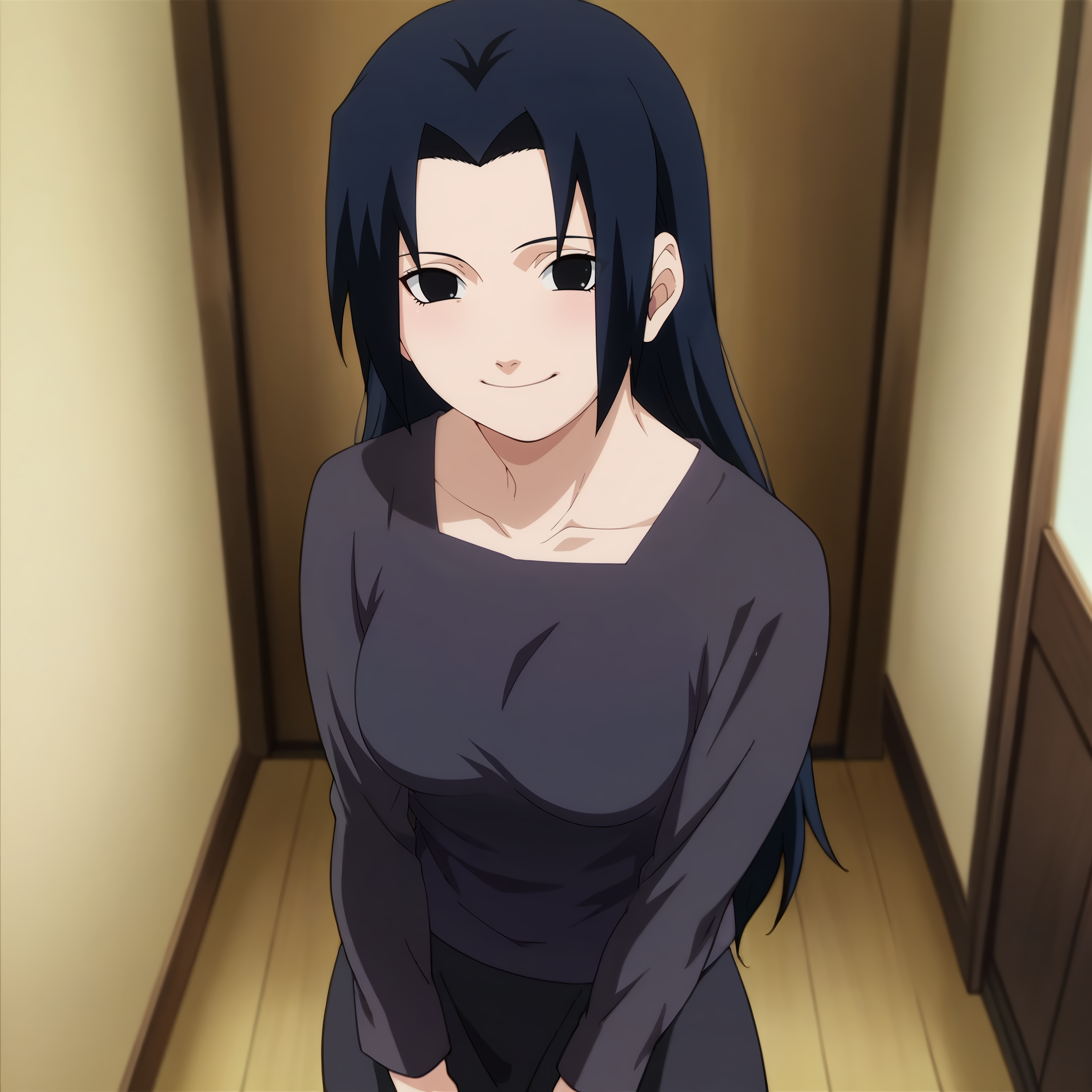 looking at viewer, standing, smile,solo,portrait,
, <lora:uchiha_mikoto_IL:0.9> uchiha_mikoto_il, parted bangs, bangs, long hair, black hair, black eyes, medium breasts,
shirt, skirt, black shirt, black skirt, long sleeves, long skirt,
anime screencap, masterpiece, best quality