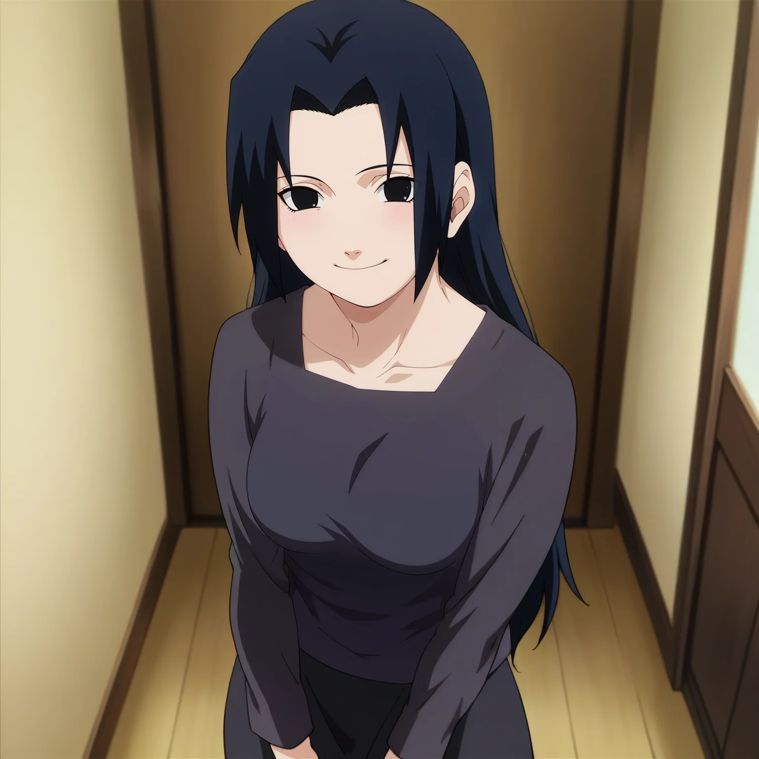 looking at viewer, standing, smile,solo,portrait,
, <lora:uchiha_mikoto_IL:0.9> uchiha_mikoto_il, parted bangs, bangs, long hair, black hair, black eyes, medium breasts,
shirt, skirt, black shirt, black skirt, long sleeves, long skirt,
anime screencap, masterpiece, best quality