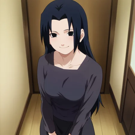 looking at viewer, standing, smile,solo,portrait,
, <lora:uchiha_mikoto_IL:0.9> uchiha_mikoto_il, parted bangs, bangs, long hair, black hair, black eyes, medium breasts,
shirt, skirt, black shirt, black skirt, long sleeves, long skirt,
anime screencap, masterpiece, best quality