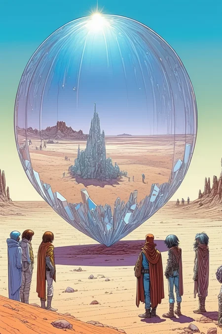 <lora:Moebius (Jean Giraud) Style:1>Moebius (Jean Giraud) Style - imagine plenty of people gathered around a large chromium crystal in the desert, drawn in comic book style inspired