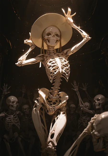 masterpiece, best quality, very aesthetic, absurdres, ambient light, soft light, incoth, (incase:0.6), SagawaStyle, Bright_illu,sparkle,too many light particles,
skeleton, a glowing skeleton standing in the night, pinup pose, sexy pose, hand on crotch, strpper dance, dancing, neon light background, round hat, standing under spotlight, disco lighting, raised hands at foreground, blurry hands,
high detail, sharp shading, centered composition, soft shadows