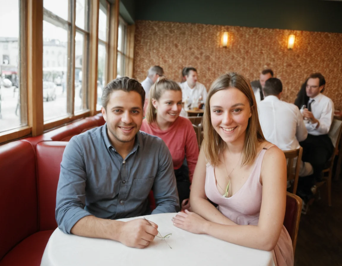 multipeoplelora, 2men, 2women, sitting in restaurant, portrait, happy