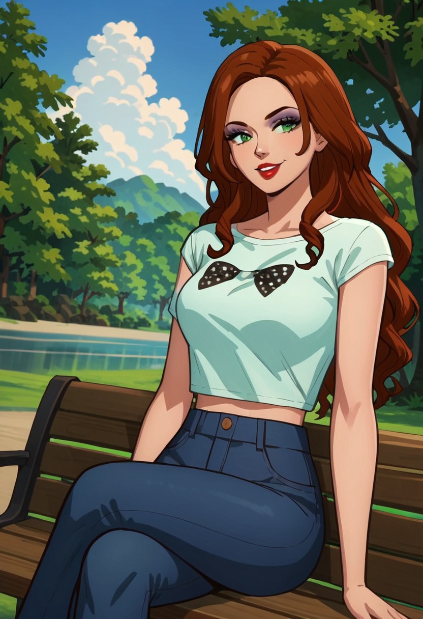 score_9, score_8_up, score_7_up, source_anime, anime_screencap, anime_coloring
Forest, daytime, sky, clouds
Rating_safe
smug, sitting, crossed legs, outdoors, 1girl, bench, trees, sky, clouds, sun, looking at viewer, day, forest, cowboy shot, upper body focus, (Dutch angle:1.4)
Sims4NinaCaliente, 1girl, long hair, brown hair, red hair, drill hair, curly hair, wavy hair, green eyes, makeup, eyeshadow, lipstick, red lips, print shirt, cropped shirt, t-shirt, long sleeves, formal, suit, blue pants, blue jacket
