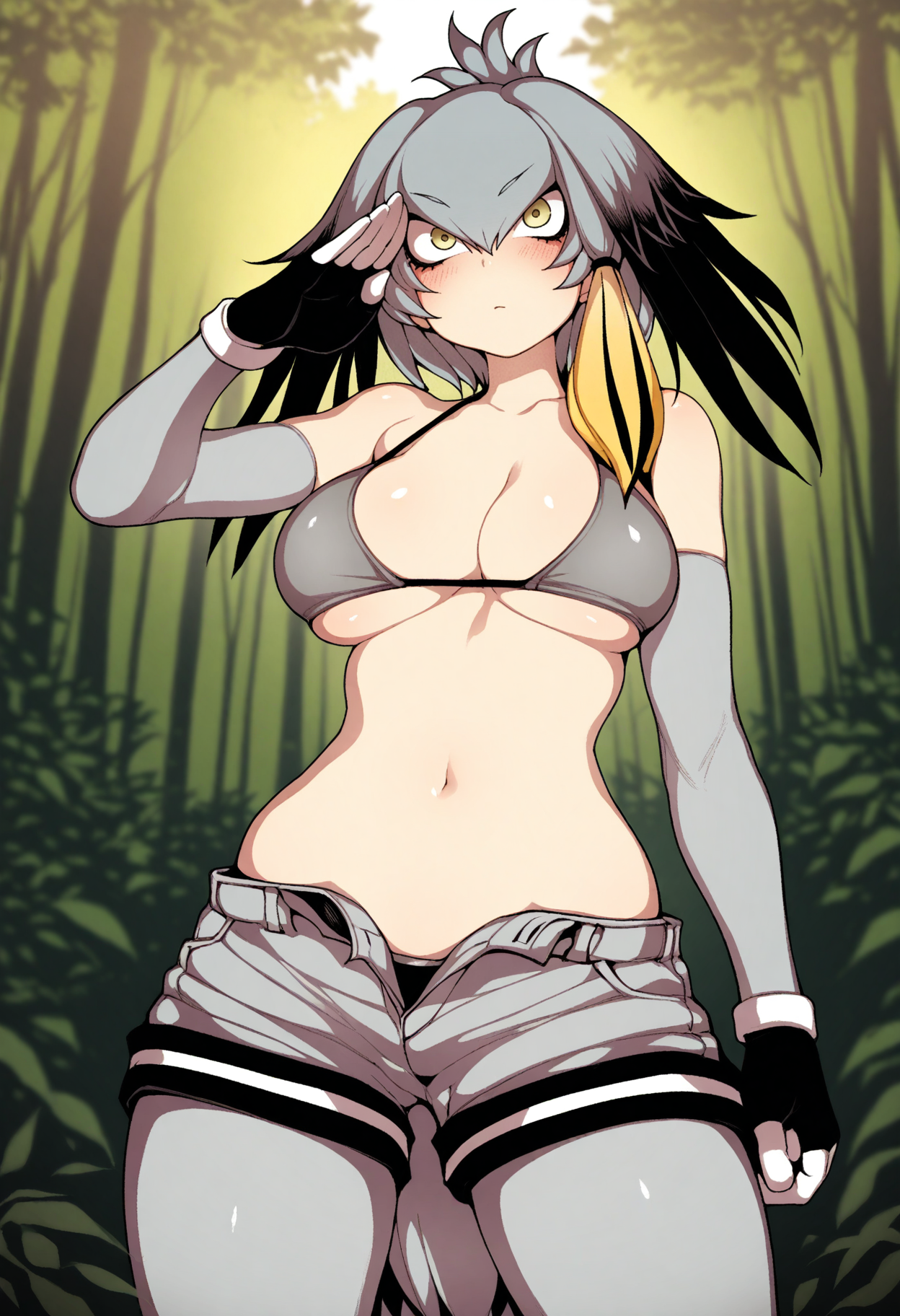 fishine, shoebill \(kemono friends\), 1girl, solo, (fingerless gloves:0.6), salute, (large breasts:0.5), grey bikini top, shorts, open fly, blush, outdoors, forest, masterpiece, best quality
<lora:artist-fishine-illust:1>