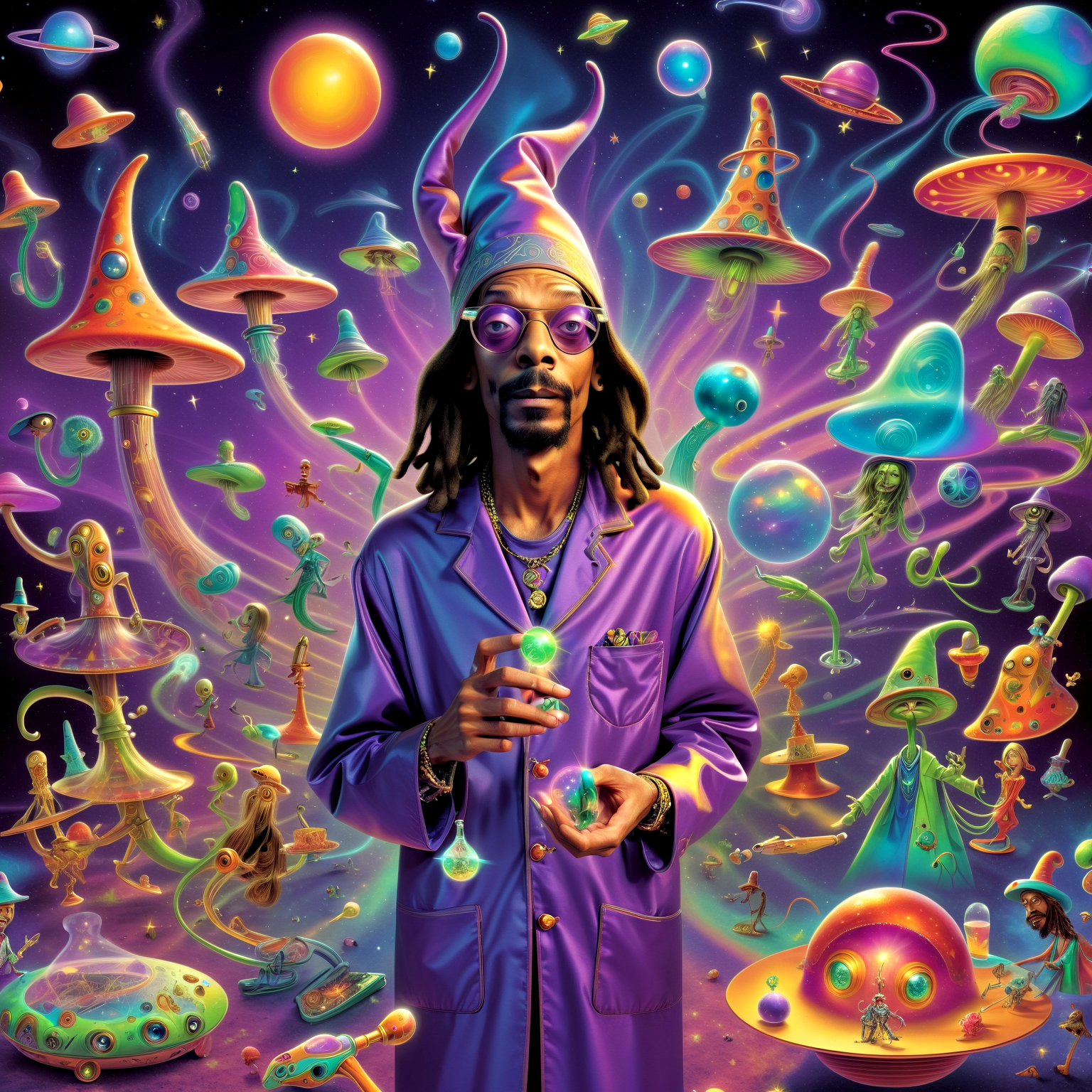 (snoop dog:1.15) dressed as wizard conjure technicolor spells, aliens experiment with bizarre contraptions, and a girl enters a whimsical trance. Everything warps into surreal caricatures as they journey through LSD-inspired realms. Mushroom-shaped planets, giggling stars, and neon gecko set the stage for their psychedelic escapade,crazy wide open eyes,in style of(bangerooo:1.15), ,