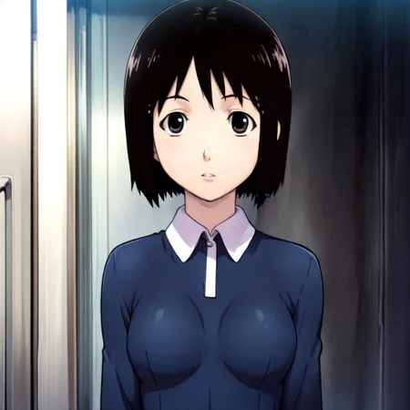 ((1girl,Nakahara_Misaki,slf, front), upper body, simple back ground, breast, open clothes) ,masterpiece, best quality, high resolution, absurdres, 1girl, nakahara_misaki, brown_eyes, black_hair, short_hair, bob_cut, small_breasts, collared_dress, blue_dress, long_sleeves,