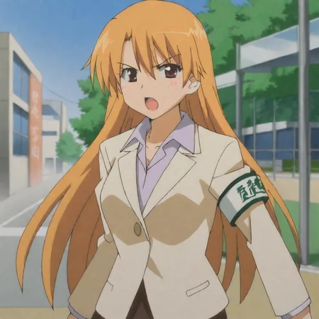 <lora:kiryuukissxsis_pony_v1:.8> KiryuuTeacher, 1girl, long hair, armband, orange hair, brown eyes, school uniform, jacket, cowboy shot