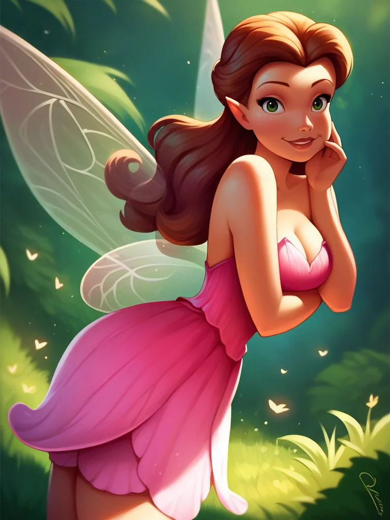 score_9, score_8_up, score_7_up, score_6_up, 1girl, fairy wings, green eyes, brown long hair, pink dress, bare shoulders, sexually suggestive, curvy, medium breast, sexy, looking at viewer, cowboy shot, dynamic pose, cute, solo, dutch angle, cleavage, forest, vegetation, smile, :D, hand on own cheek,
RossetaXLP , cartoon, <lora:RossetaXLP_character:0.8>