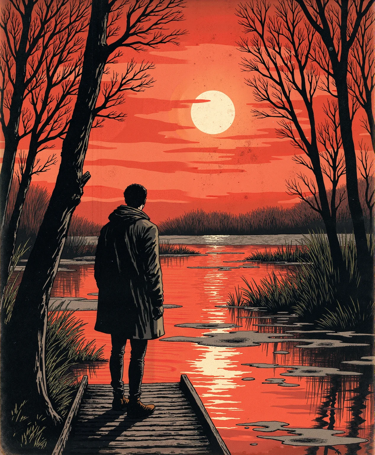 Comic book style,linquivera,Ink illustration,(anime:0.5),brown tones,aged black red paper,inkpunk,moonlight,ink stains,ink splashes,drips,surreal,a man standing on a dock in swampy wetlands,(at a distance),Will-o'-the-wisp,moonlit,lonely,solitude,windy,tall trees,willows,willowy,OverallDetail,extremely detailed,UHD,(long exposure , dystopian but extremely beautiful:1.4), in the style of umej1900